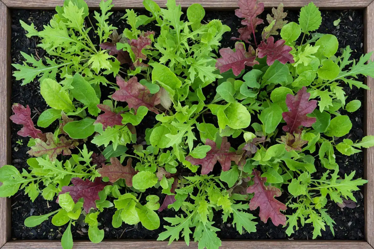 Young mesclun mix at the 2 to 4 inch baby leaf stage ready to harvest in a raised bed