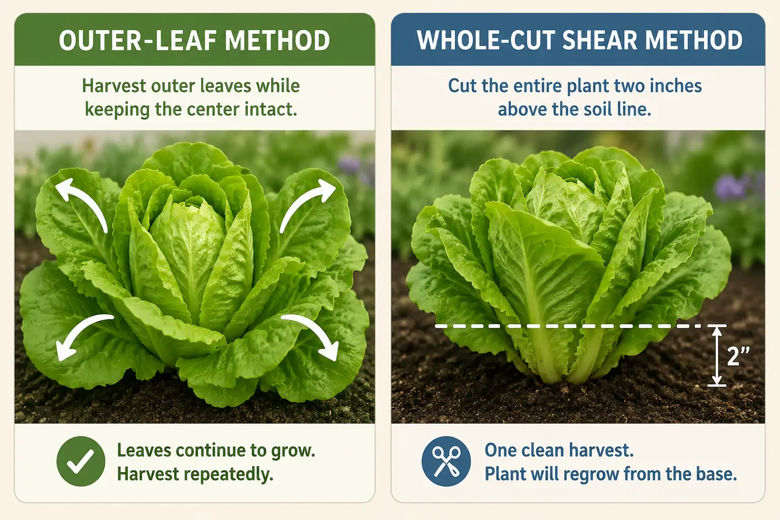 Comparison infographic of the outer-leaf method and the whole-cut shear method for cutting lettuce so it keeps growing.