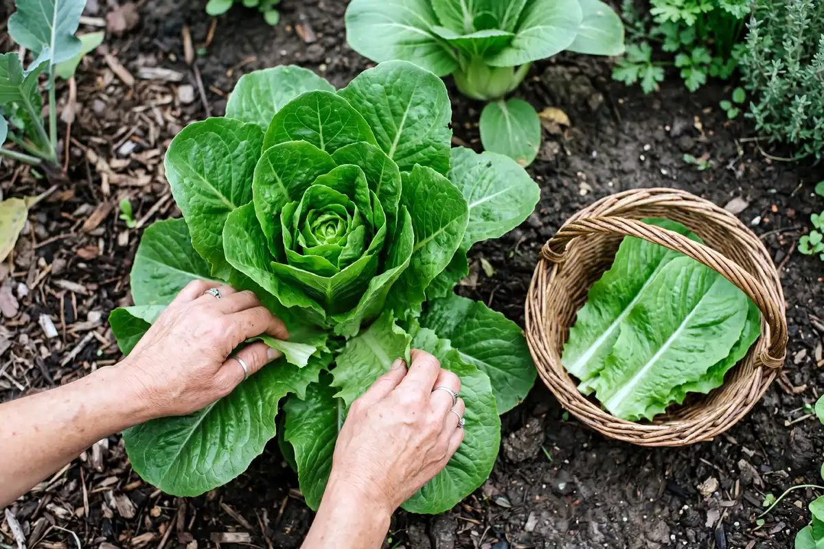 Farmer harvesting outer romaine leaves and leaving the center growing point for continued growth
