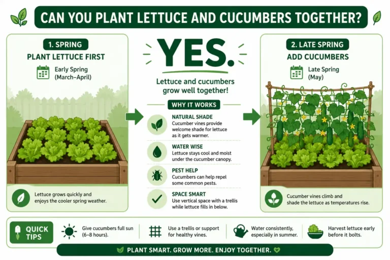Infographic guide of plant lettuce and cucumbers together, with lettuce planted first and cucumber vines shading it later in the season