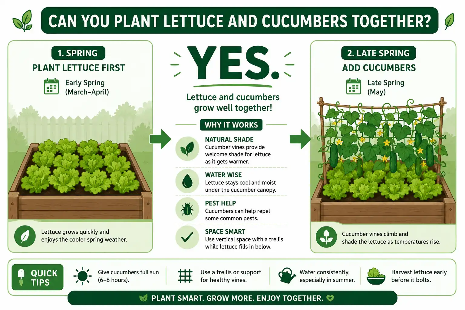 Infographic guide of plant lettuce and cucumbers together, with lettuce planted first and cucumber vines shading it later in the season