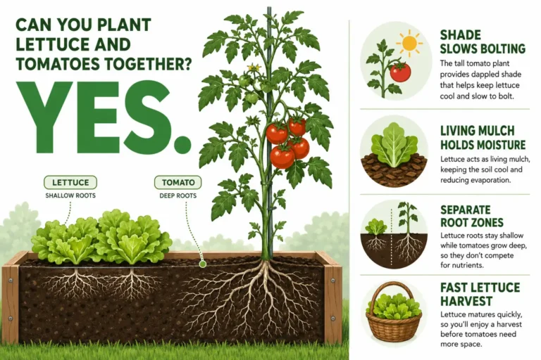Infographic guide of plant lettuce and tomatoes together using shade, living mulch, and separate root depths