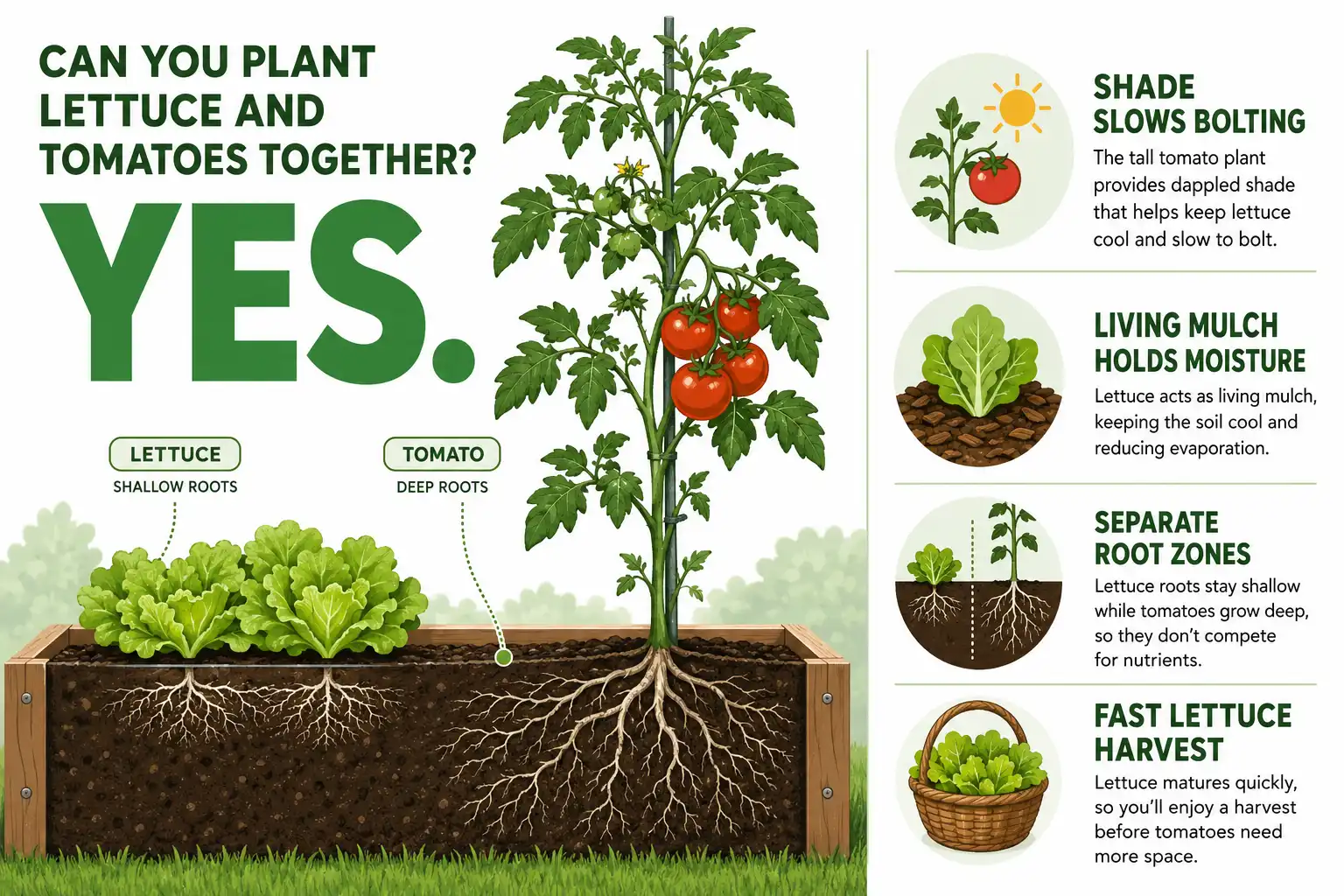 Infographic guide of plant lettuce and tomatoes together using shade, living mulch, and separate root depths