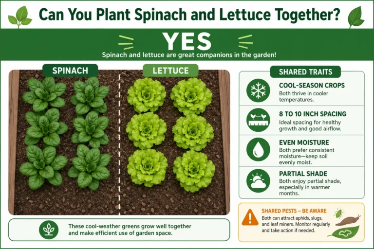 Infographic guide of plant spinach and lettuce together as cool-season greens spaced 8 to 10 inches apart with shared care needs