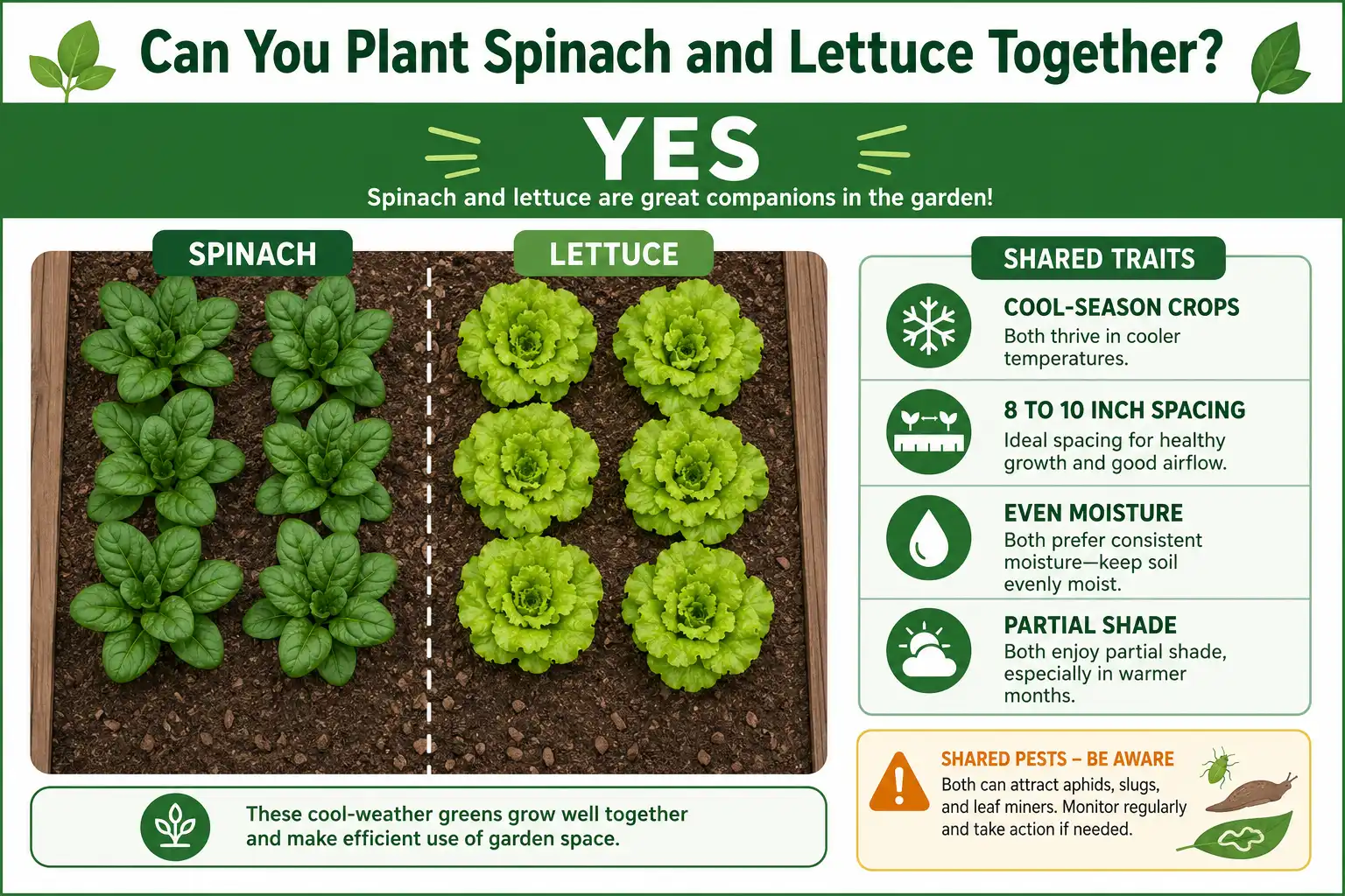 Infographic guide of plant spinach and lettuce together as cool-season greens spaced 8 to 10 inches apart with shared care needs