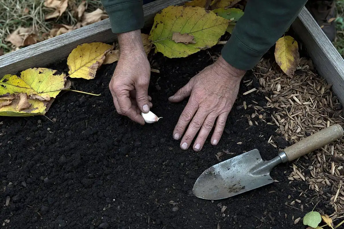 Farmer planting garlic cloves in a fall garden bed after fall lettuce, an allium that follows lettuce well.