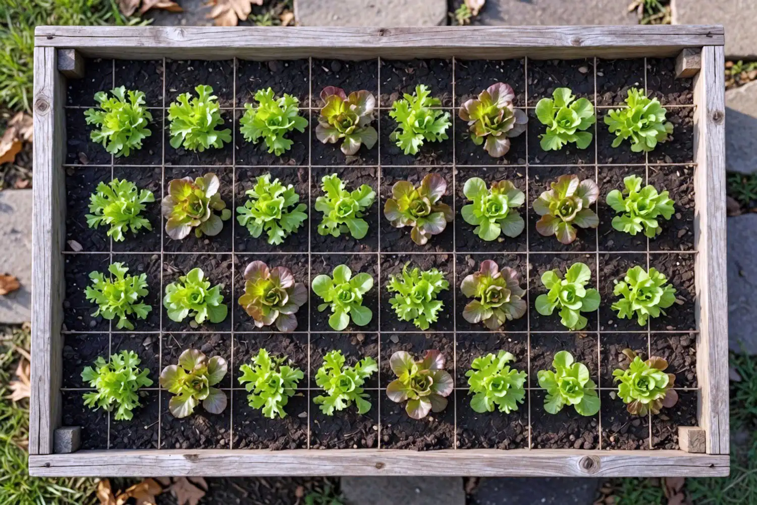Raised garden bed with lettuce planted four plants per square foot inside a string grid.