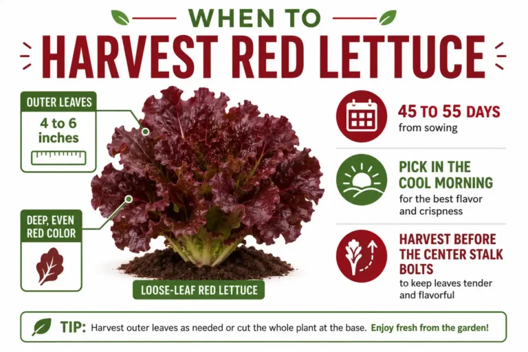 Infographic on when to harvest red lettuce by leaf size, deep red color, days to maturity, and cool morning timing before bolting
