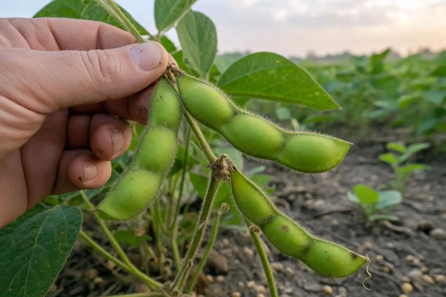 Plump bright green edamame pods at the R6 stage with beans nearly touching, ready to harvest