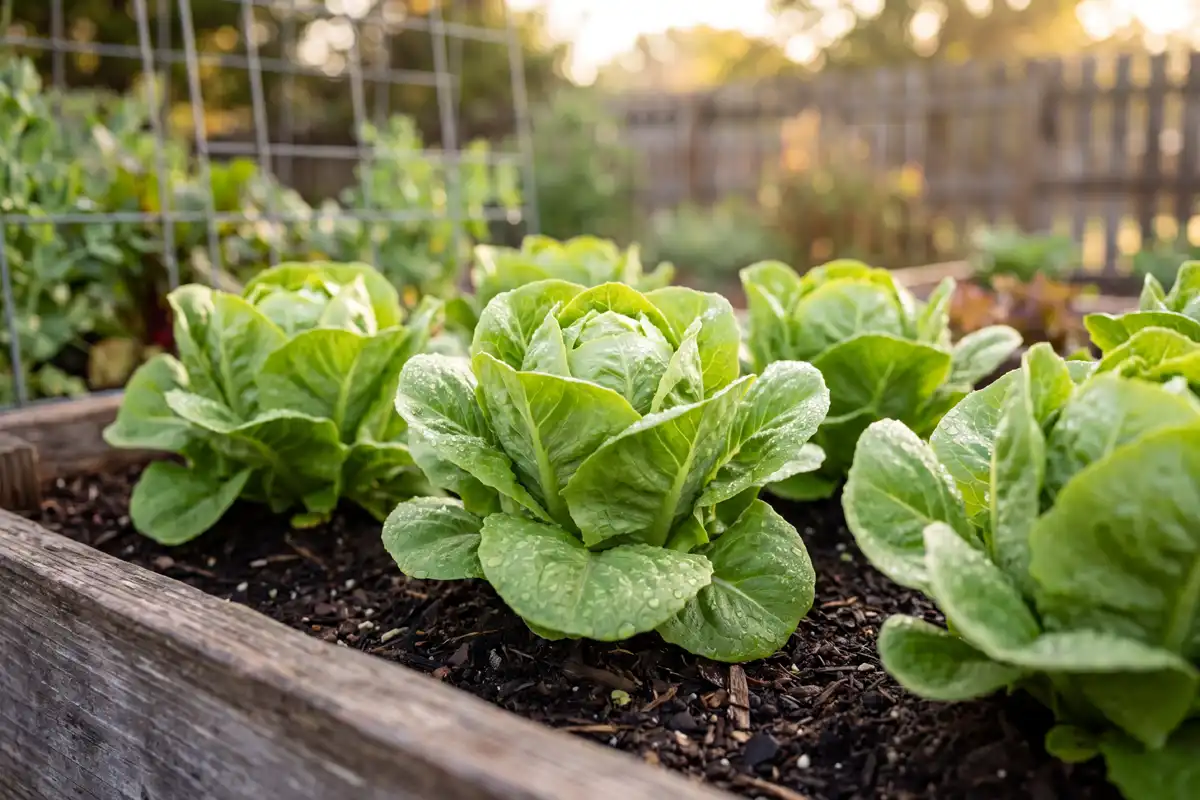 Mature Little Gem lettuce heads about 5 inches tall with firm tight hearts, ready to harvest in a raised bed