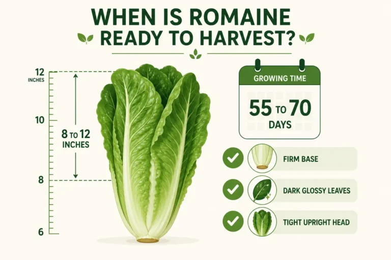 Infographic of when romaine lettuce is ready to harvest, with head height, days to maturity, and firmness signs.