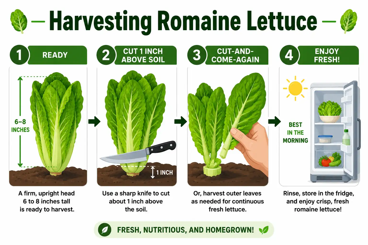 Infographic on how to harvest romaine lettuce from garden showing ready signs, cut height, leaf picking, and storage