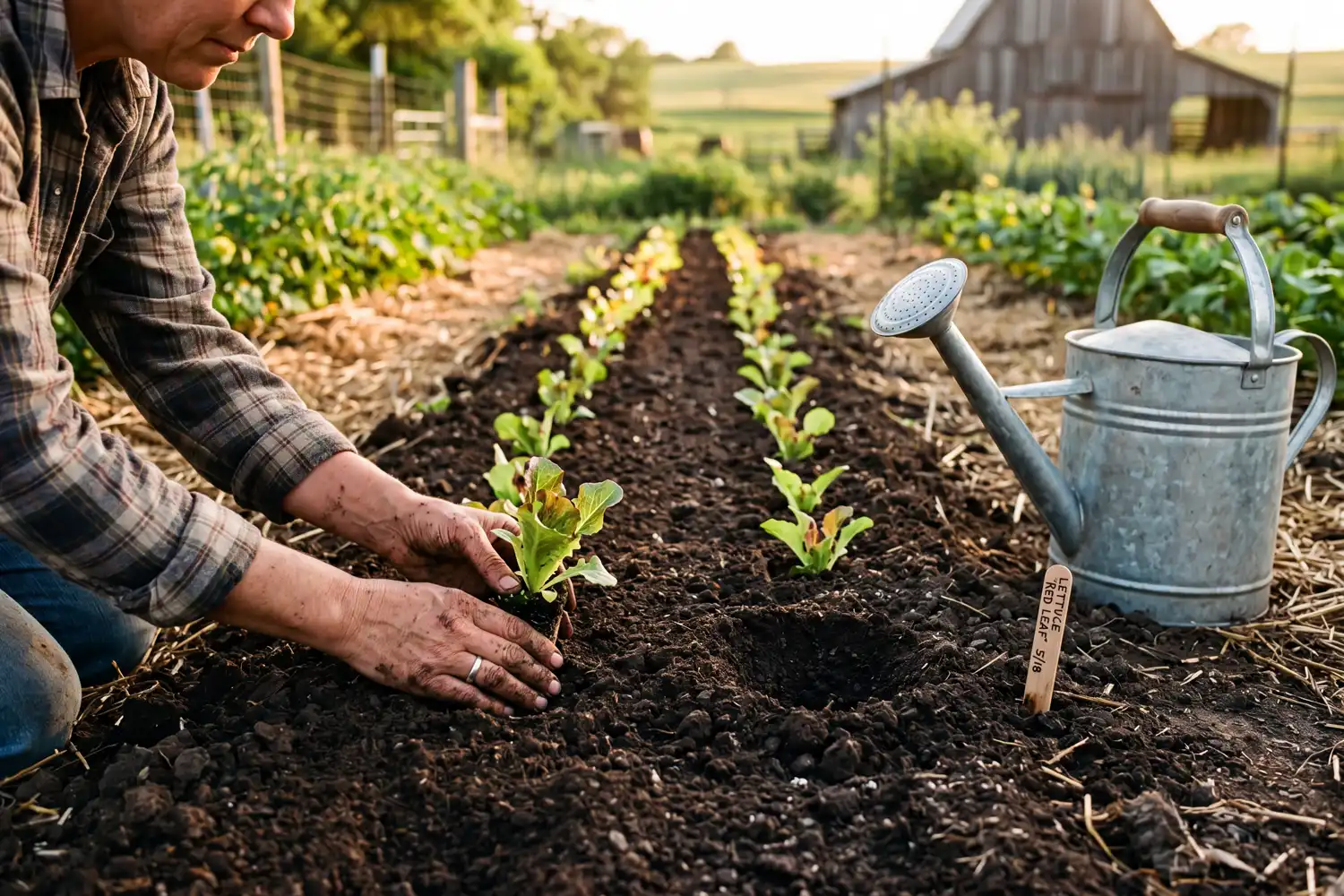 Farmer placing a lettuce seedling into prepared soil with the crown at the surface, the right way to transplant on a cool afternoon.