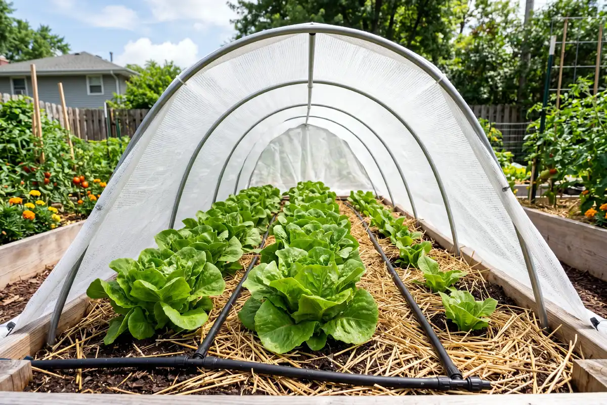 Shade cloth and mulch over a lettuce bed keeping plants cool to prevent bolting in hot weather