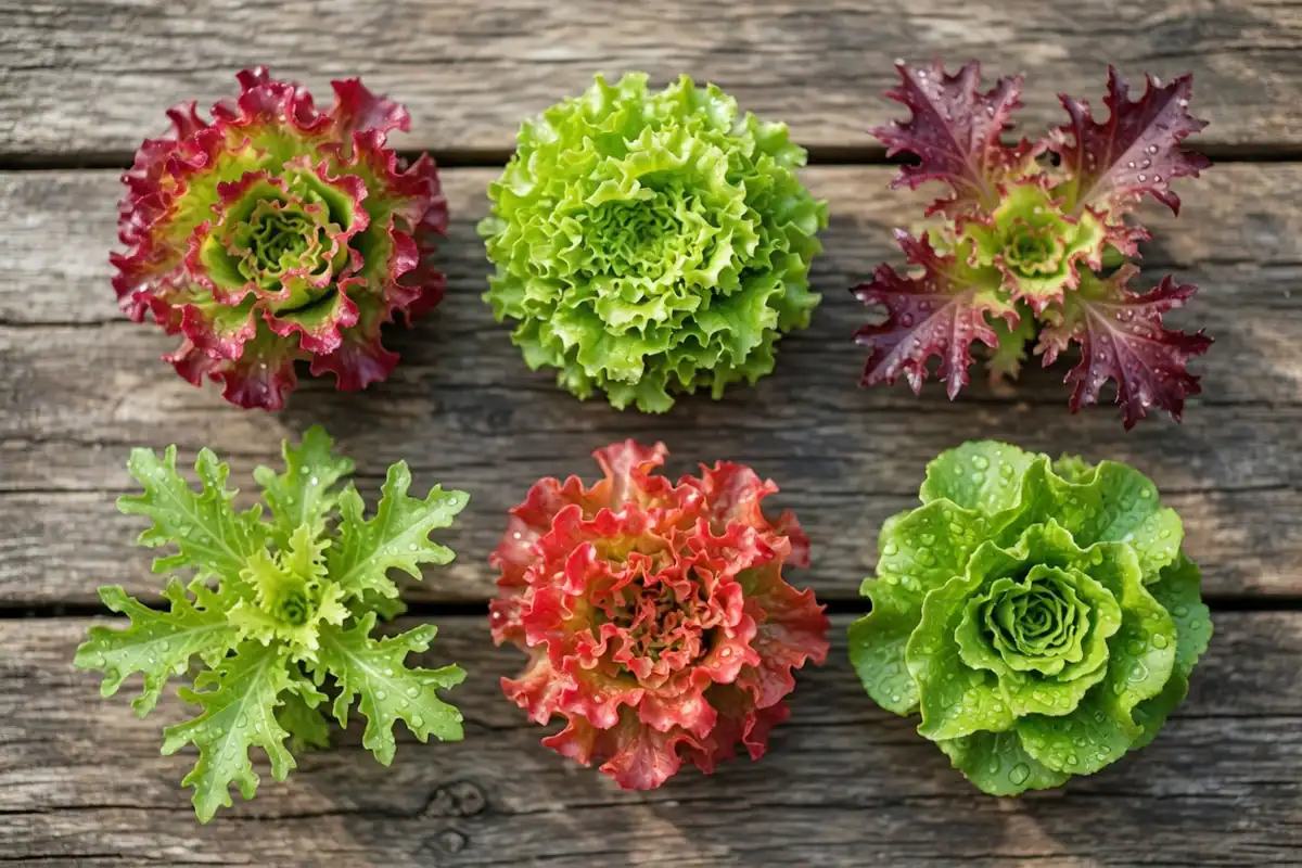 Six artisan lettuce varieties on red and green gem, oak leaf, and tango heads