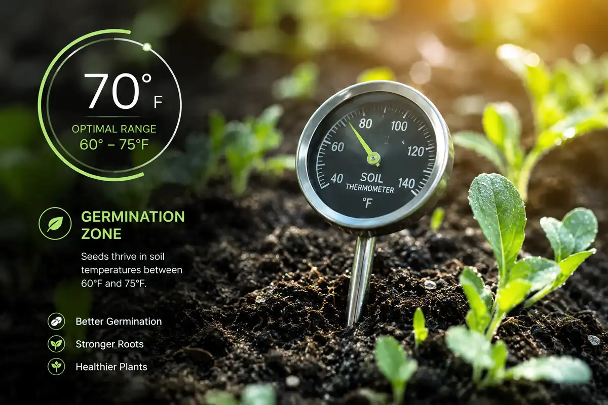 A soil thermometer probe inserted two inches into spring soil to check soil temperature before planting