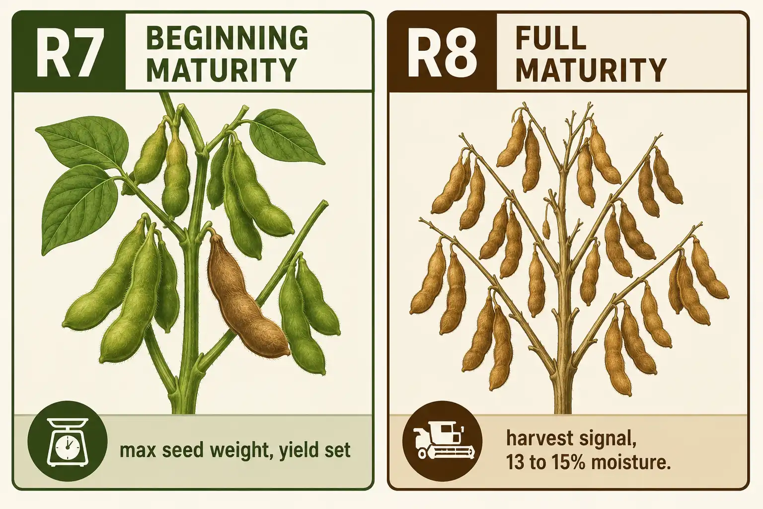 Diagram of soybean R7 beginning maturity and R8 full maturity stages before harvest