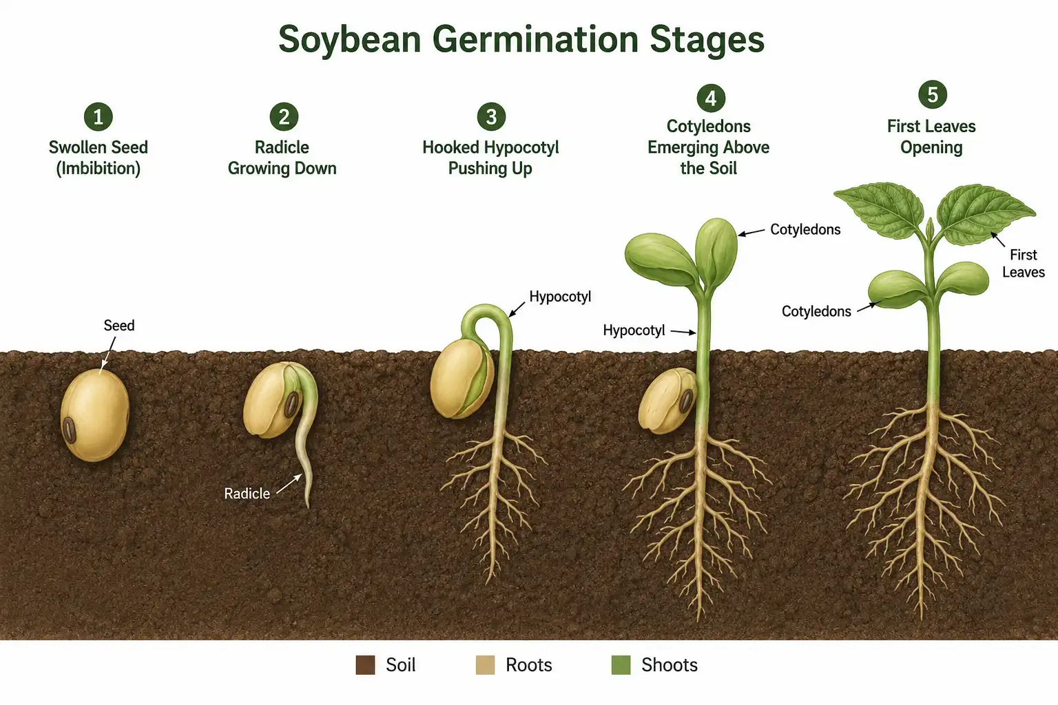 Diagram of soybean germination stages from swollen seed to radicle, hypocotyl arch, and emerging cotyledons