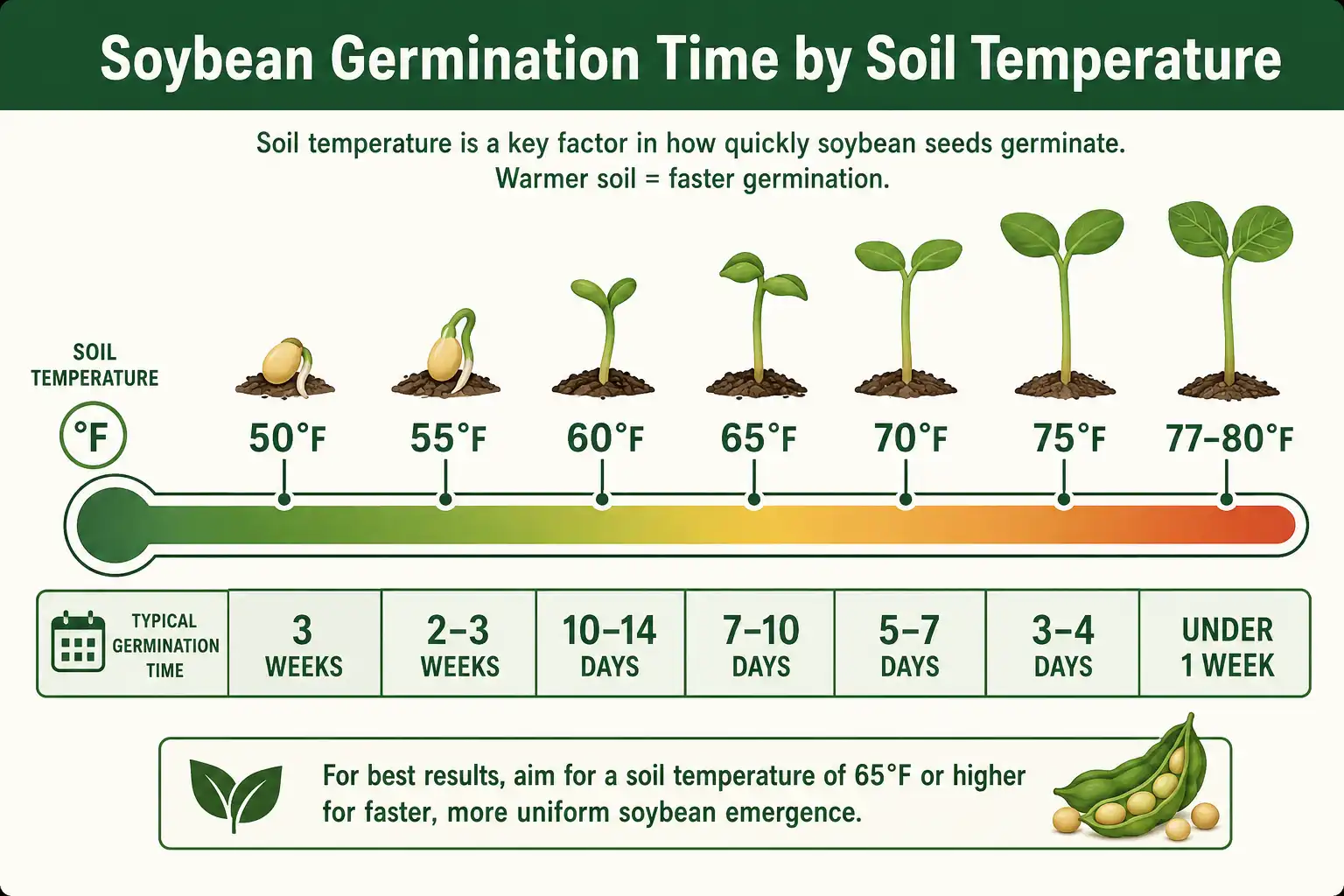 Infographic of soybean germination time decreasing as soil temperature rises from 50 to 80 degrees Fahrenheit