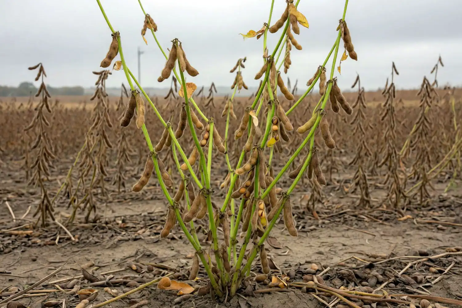 Soybean plants with green stem syndrome of green stems and mature brown pods ready to harvest.
