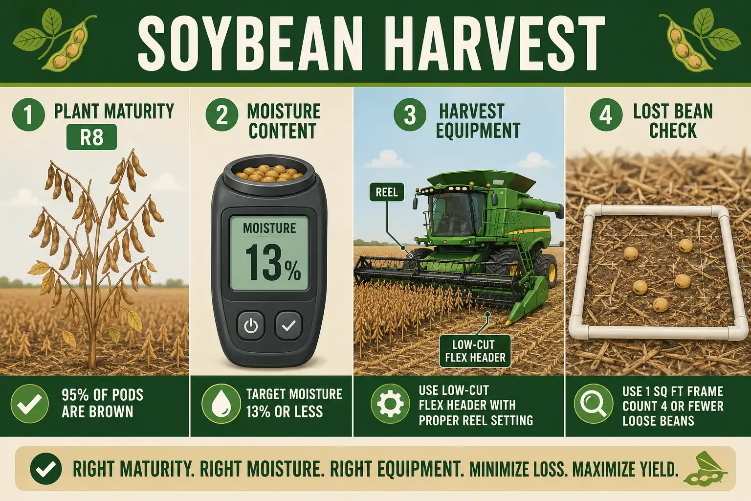 Infographic of how do you harvest soybeans, showing R8 maturity, 13 percent moisture, low combine settings, and a header loss check.