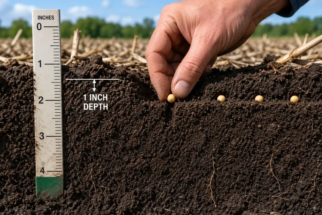 Soybean seeds placed about one inch deep in moist soil with a depth gauge for scale