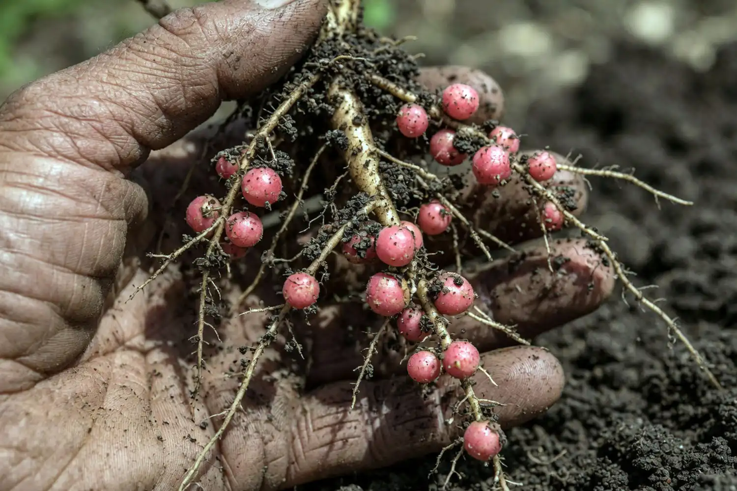 Soybean roots with pink nitrogen-fixing nodules held in a farmer’s hand
