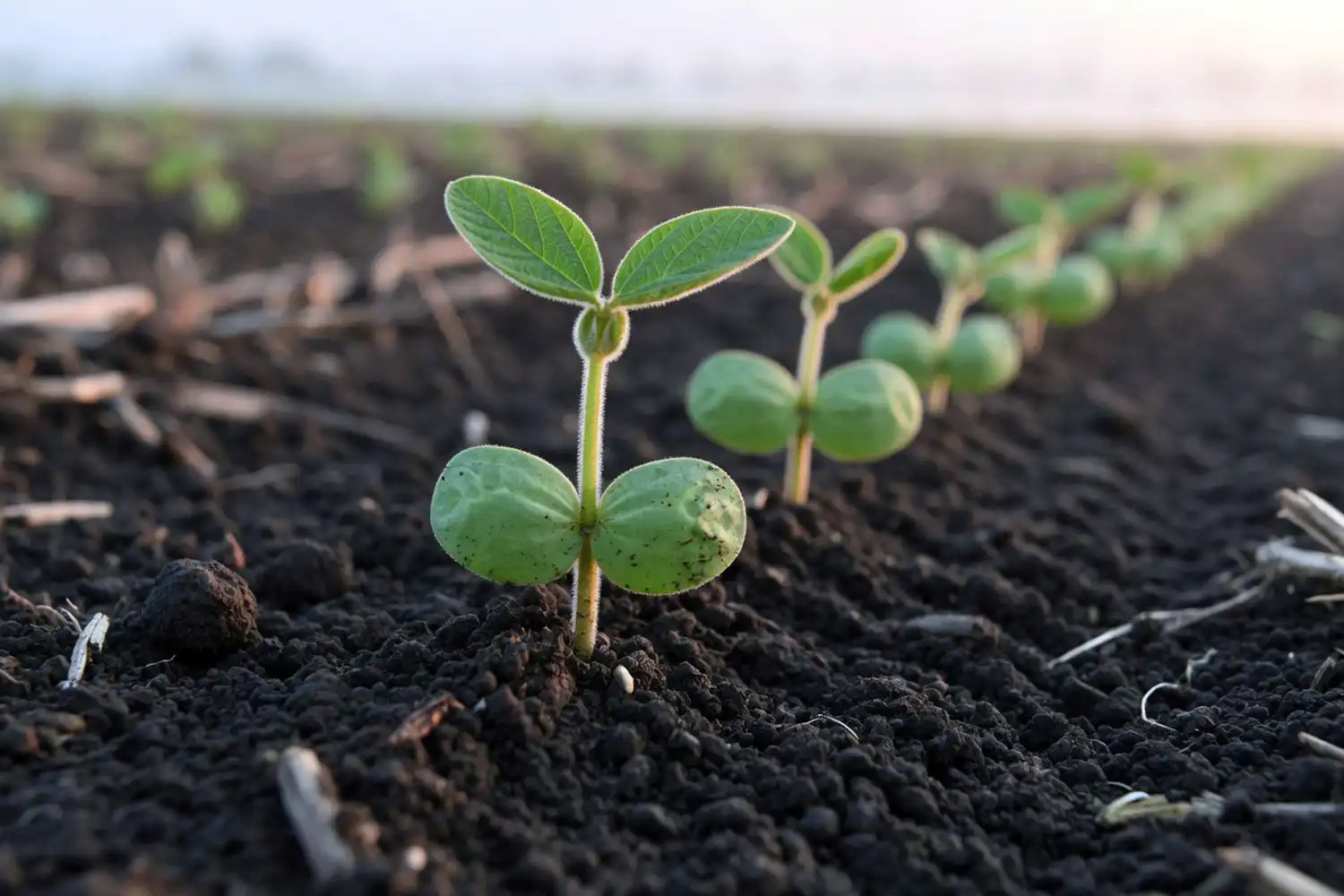 Young soybean seedlings emerging with two green seed leaves and the first unifoliate leaves in dark soil