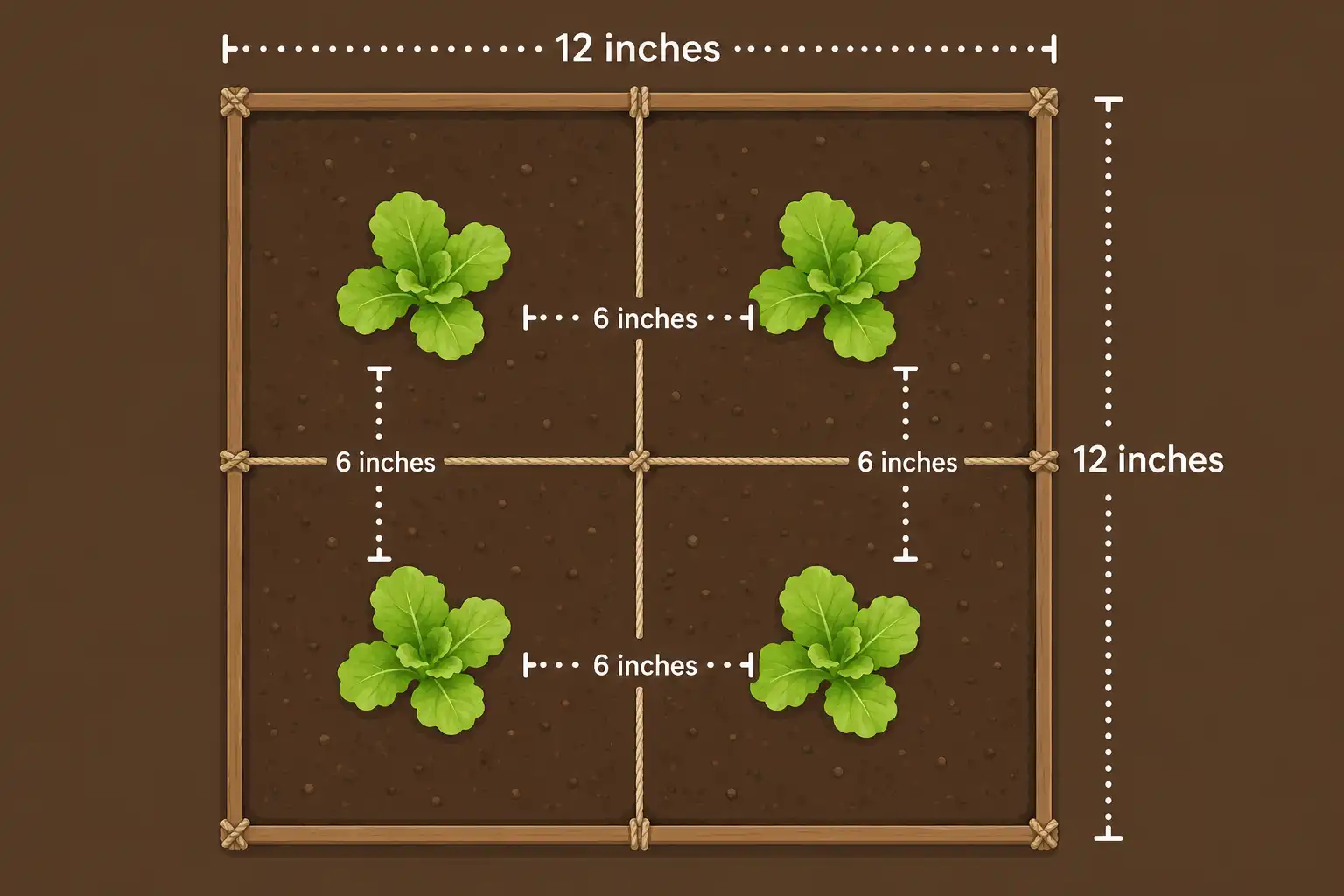 Diagram of a square foot grid holding four lettuce plants spaced six inches apart.