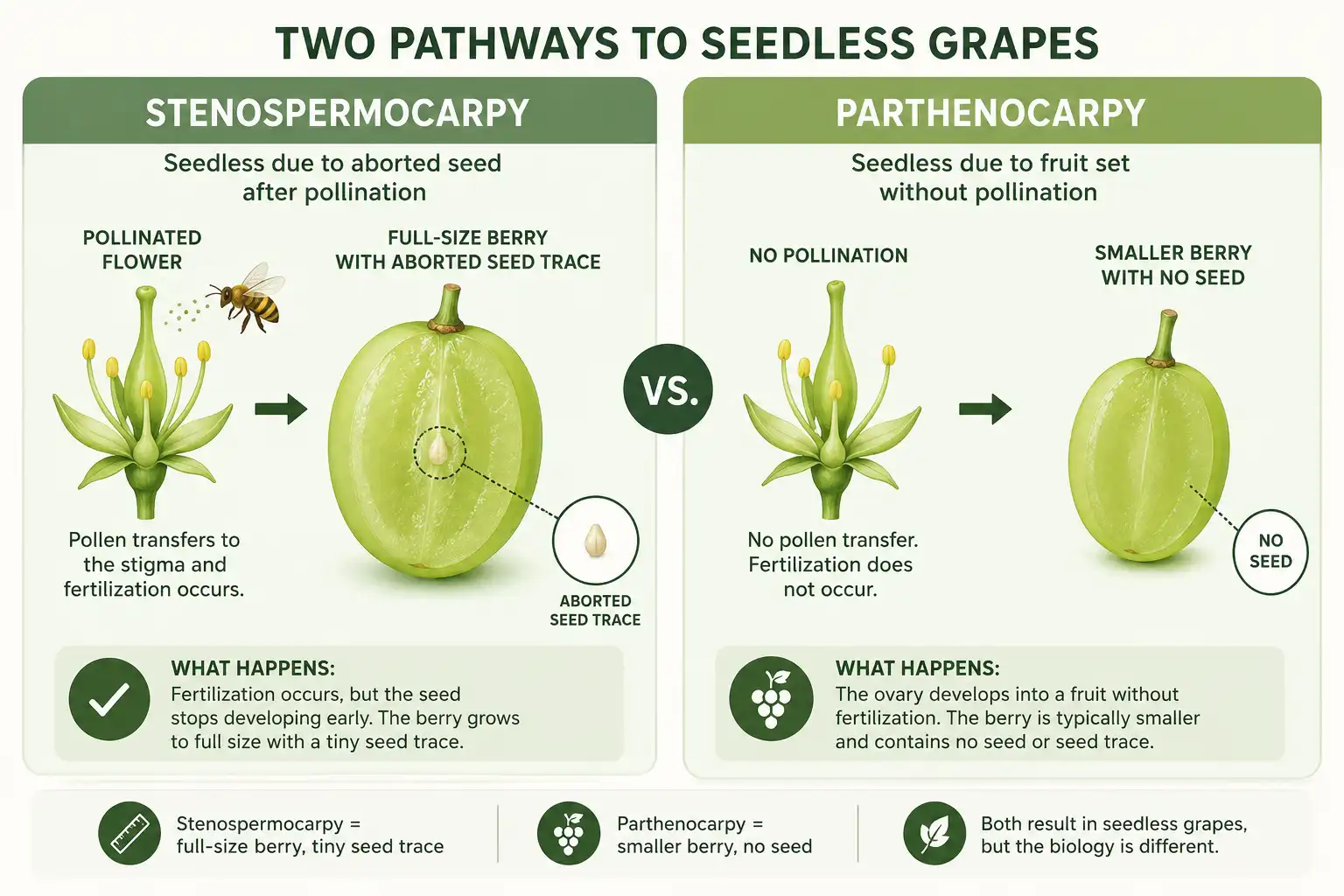 Diagram comparing stenospermocarpy and parthenocarpy, the two ways grapes become seedless