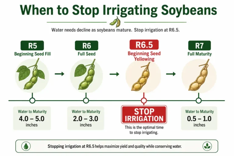 Infographic of when to stop irrigating soybeans, marking R6.5 as the termination stage with water needs by growth stage