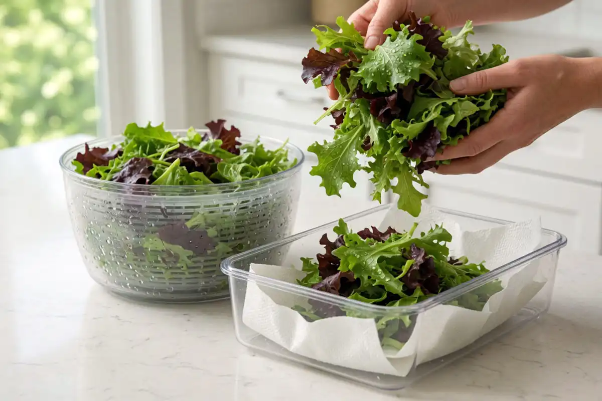 Freshly washed mesclun greens dried and stored in a container to stay crisp in the refrigerator