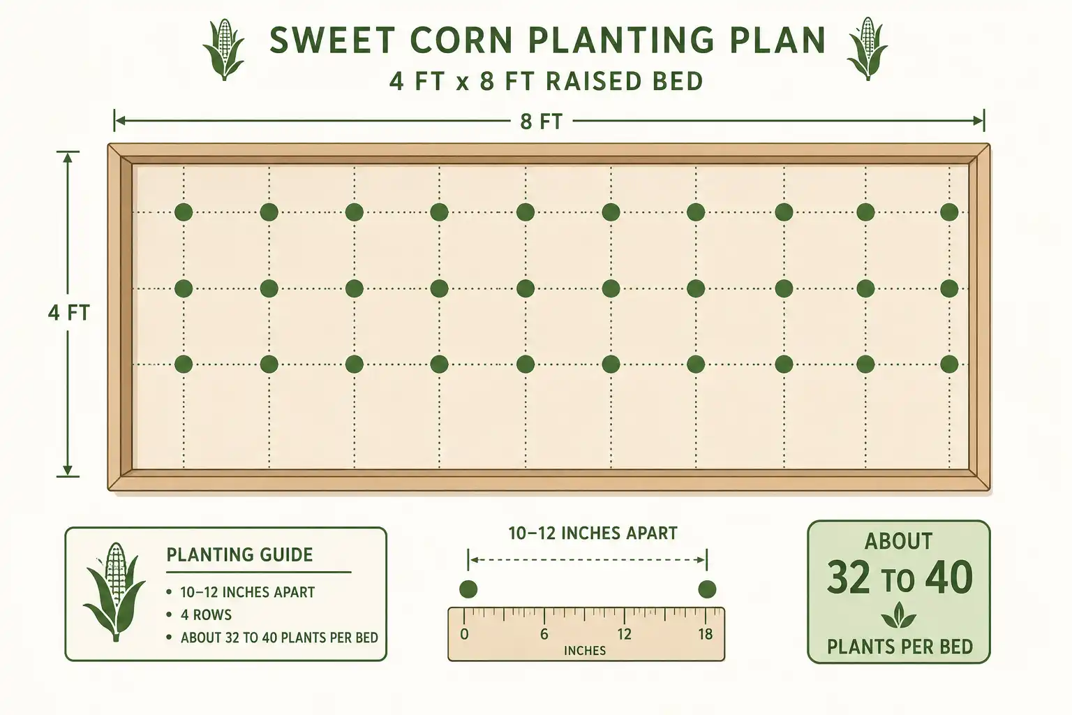Diagram on corn spacing and block layout in a 4 by 8 foot raised bed.