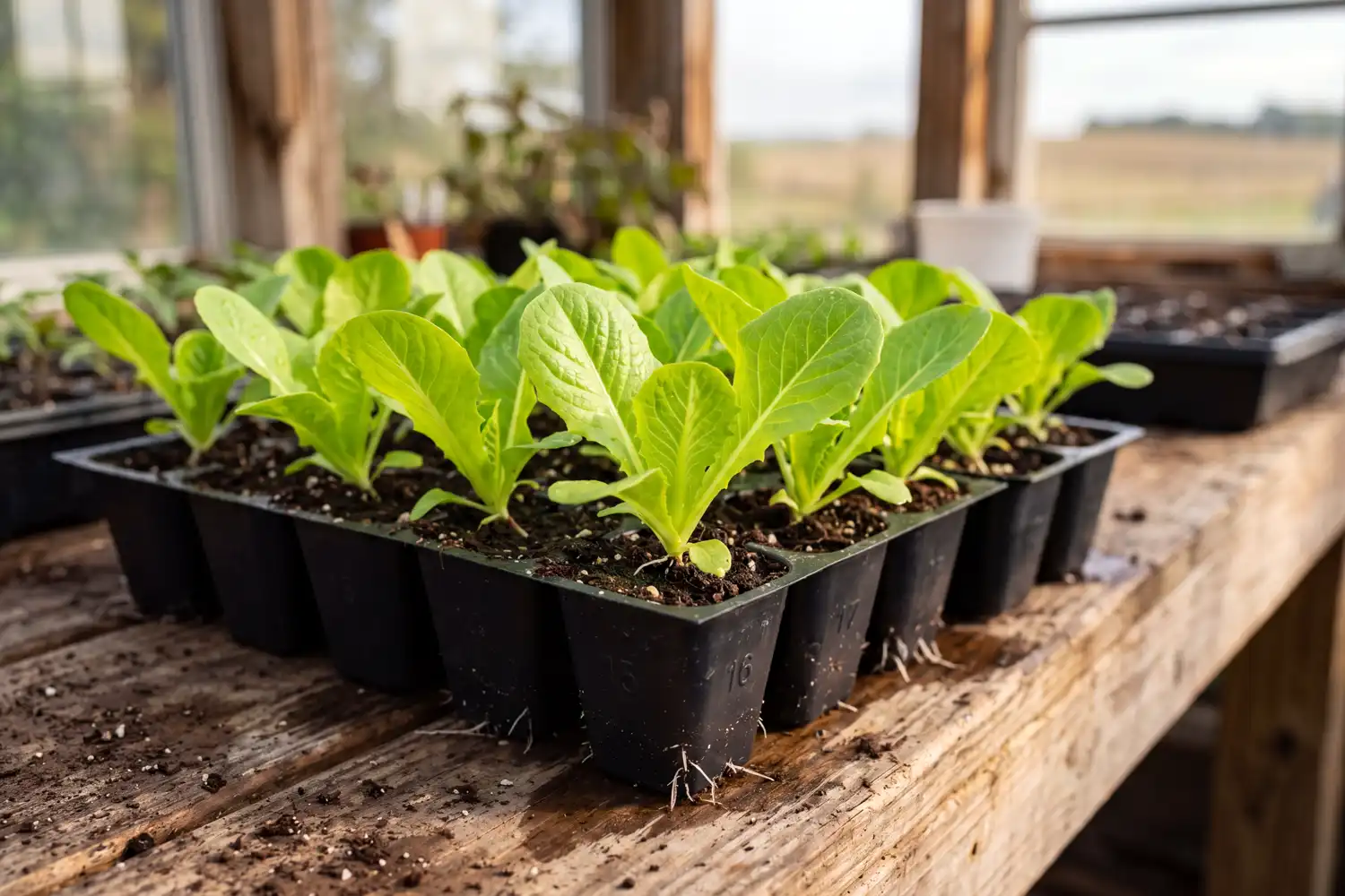 Lettuce seedlings with four to six true leaves and white roots, ready to transplant from the cell tray.