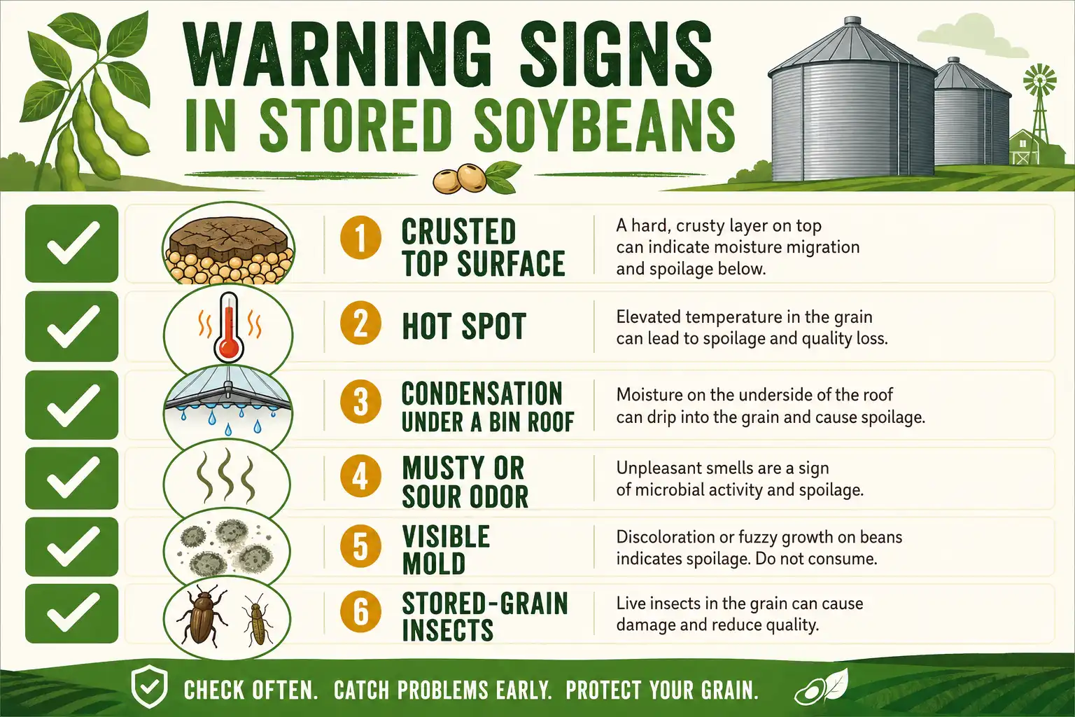 Checklist infographic of warning signs that stored soybeans are spoiling