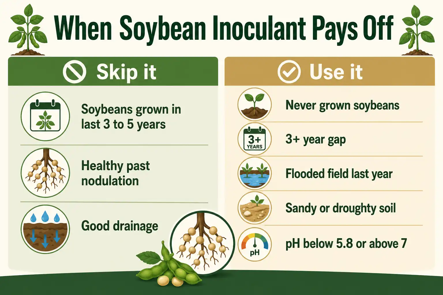 Chart of when to skip versus use inoculant on soybean fields