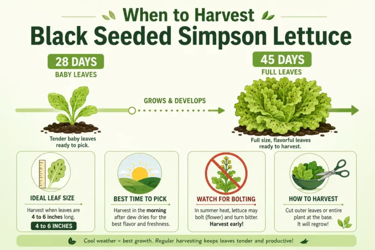 Infographic on when to harvest Black Seeded Simpson lettuce, with baby leaves at 28 days and full leaves at 45 days