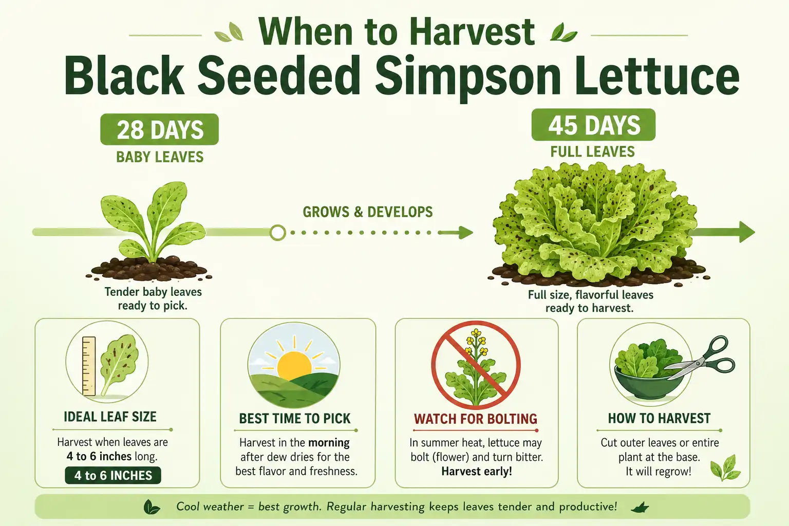 Infographic on when to harvest Black Seeded Simpson lettuce, with baby leaves at 28 days and full leaves at 45 days