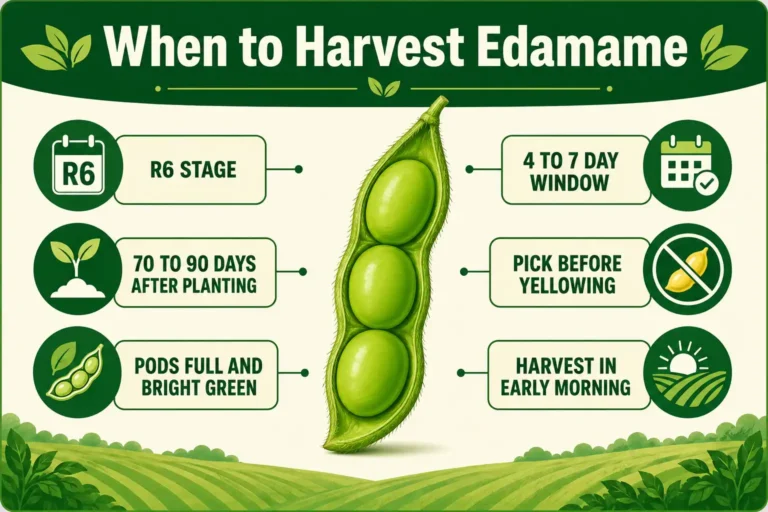 Infographic of when to harvest soybeans for edamame at the R6 stage, with plump bright green pods, 70 to 90 days, and a short picking window