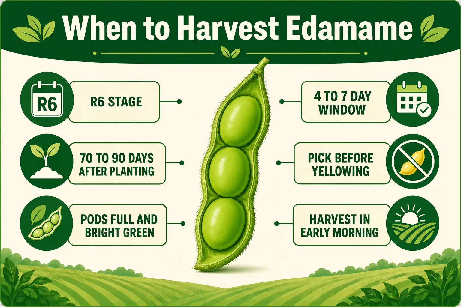 Infographic of when to harvest soybeans for edamame at the R6 stage, with plump bright green pods, 70 to 90 days, and a short picking window
