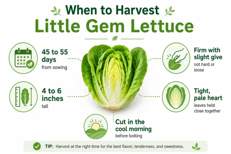 Infographic of when to harvest Little Gem lettuce at 45 to 55 days, firm 4 to 6 inch heads, cut in the morning before bolting