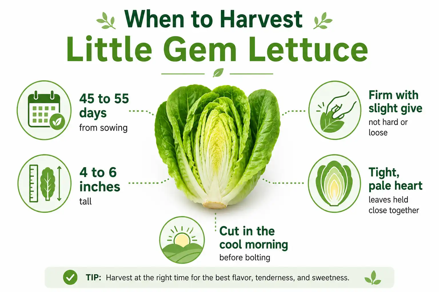 Infographic of when to harvest Little Gem lettuce at 45 to 55 days, firm 4 to 6 inch heads, cut in the morning before bolting