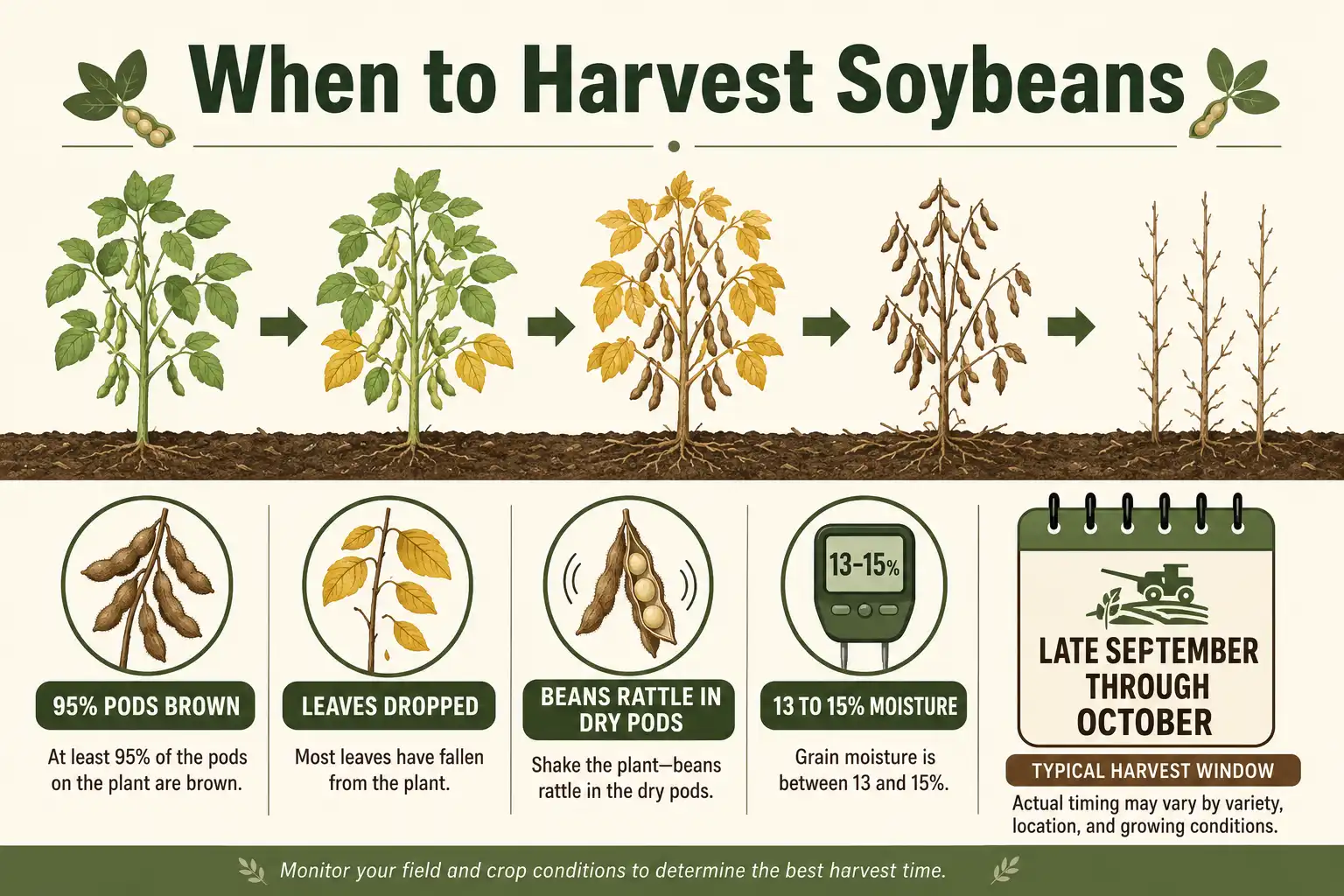 Infographic of when do you harvest soybeans, with 95 percent brown pods, dropped leaves, dry rattling beans, and 13 to 15 percent moisture in late September through October.