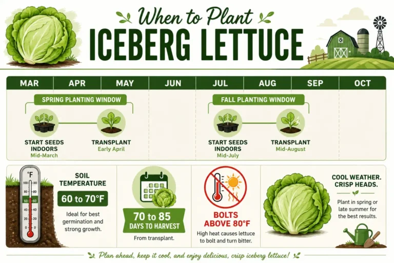 Infographic guide of when to plant iceberg lettuce, with spring and fall planting windows, ideal soil temperature, and days to harvest.