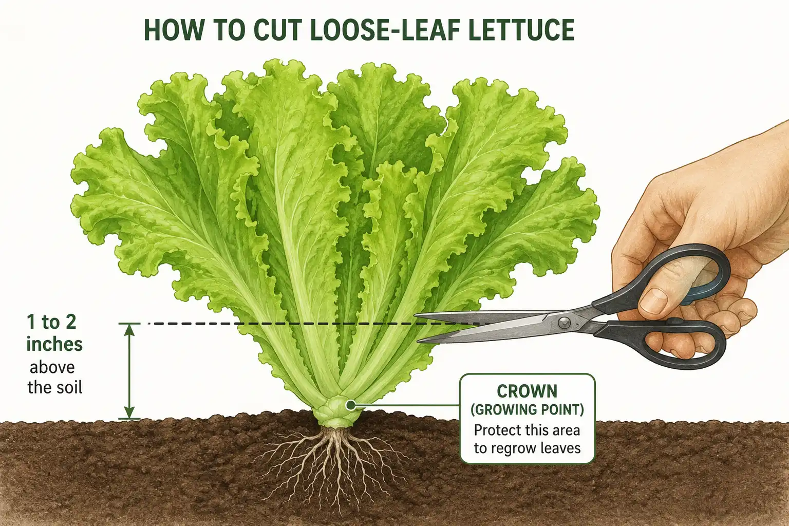 Diagram of where to cut lettuce, 1 to 2 inches above the crown, so the plant grows back