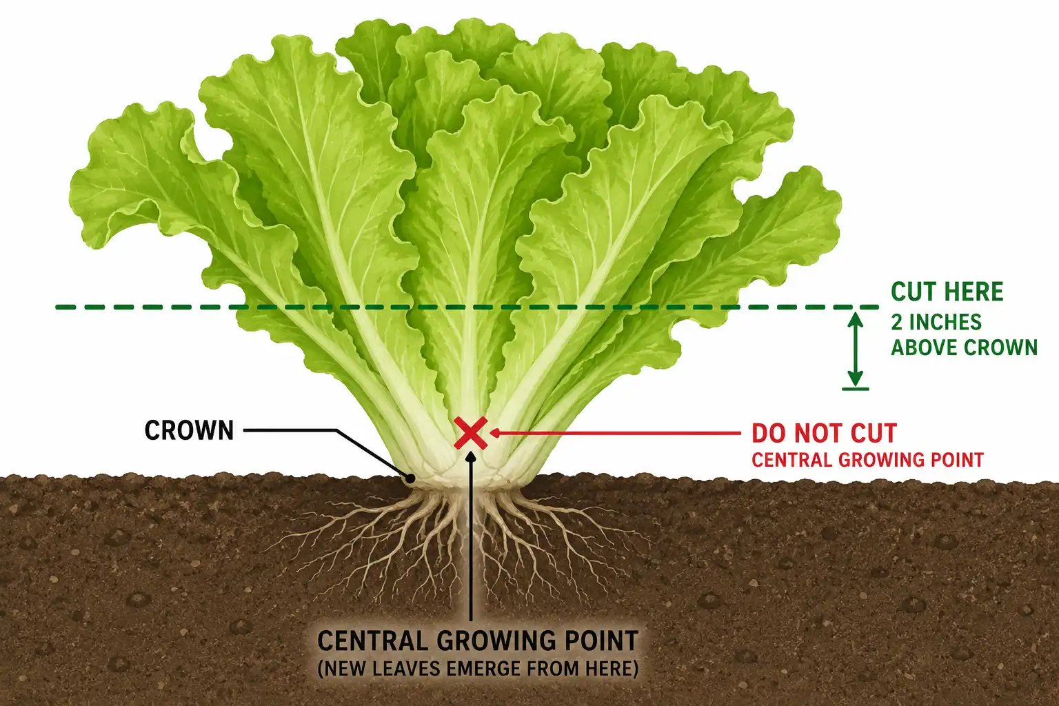 Side-view diagram of where to cut lettuce, two inches above the crown, while protecting the central growing point.