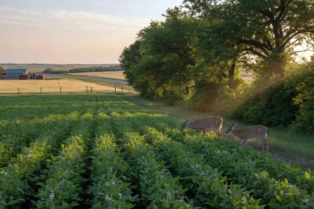 Whitetail deer feeding in a green summer soybean food plot at the edge of a Kansas field.