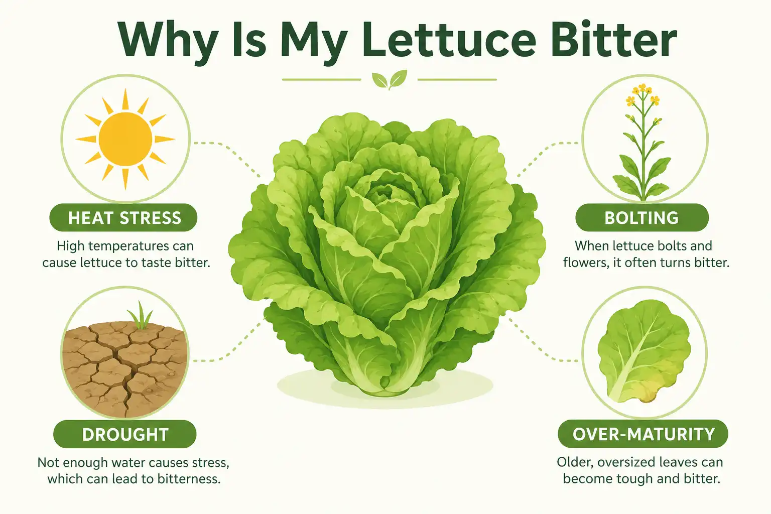 Infographic on why is lettuce bitter, about heat, bolting, drought, and over-maturity as the four main causes.