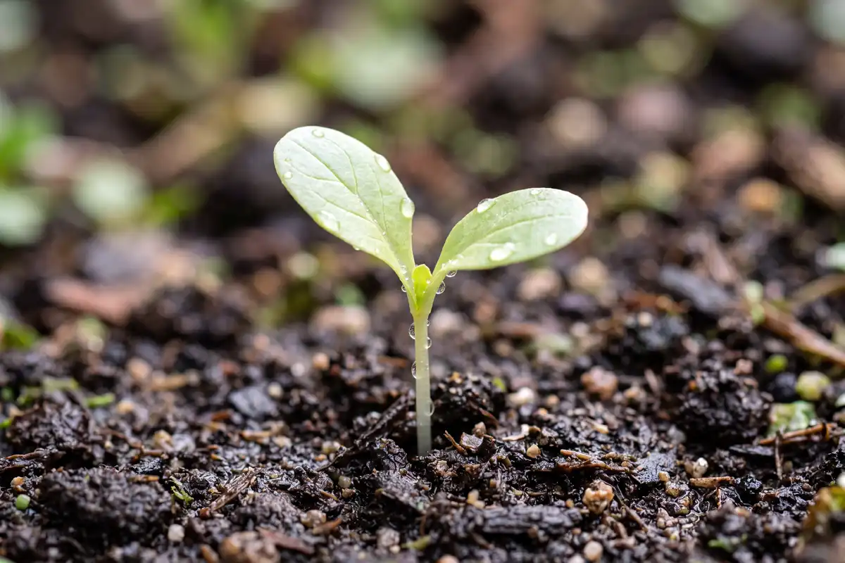 Close-up of lettuce seedling cotyledons, two smooth oval seed leaves emerging from soil