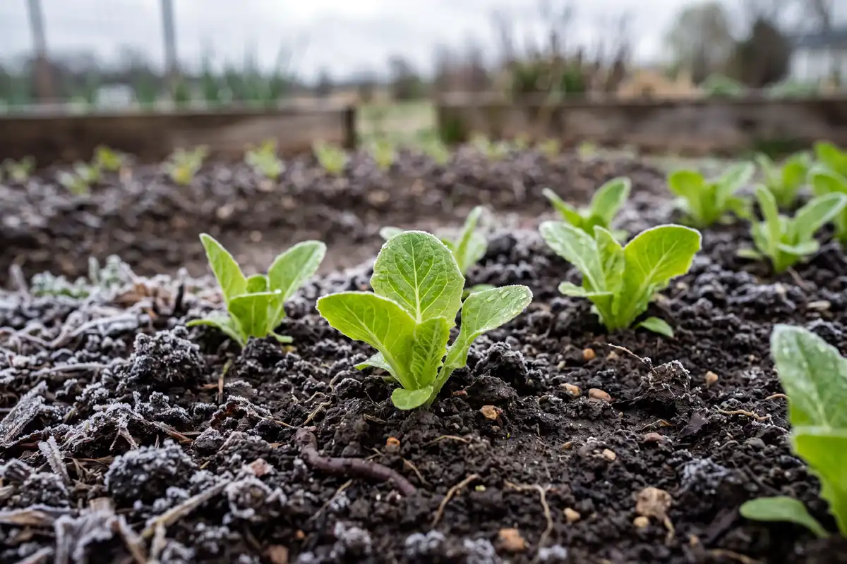 Frost-tolerant young lettuce seedlings in early spring soil, about lettuce can be planted before the last Kentucky frost.